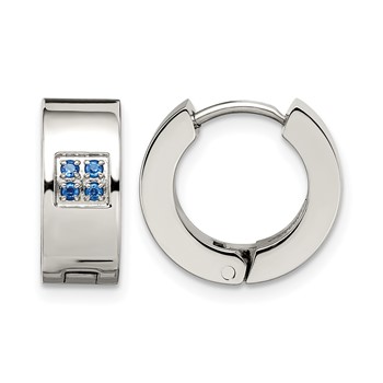 Chisel Stainless Steel Brushed and Polished with Blue CZ 6mm Hinged Hoop Earrings