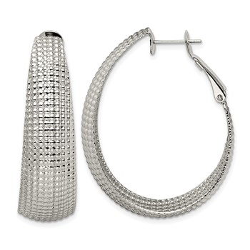 Chisel Stainless Steel Polished and Textured Oval Omega Back Hoop Earrings