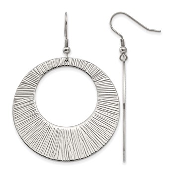 Chisel Stainless Steel Polished and Textured Circle Dangle Shepherd Hook Earrings