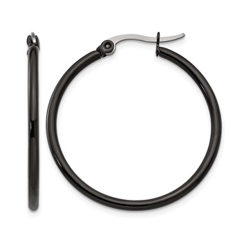 Chisel Stainless Steel Polished Black IP-plated 32mm Diameter 2mm Hoop Earrings