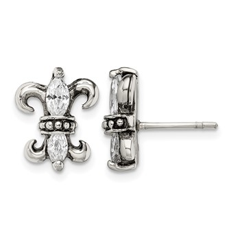 Stainless Steel Antiqued Polished & Textured w/CZ Fleur de lis Post Earring
