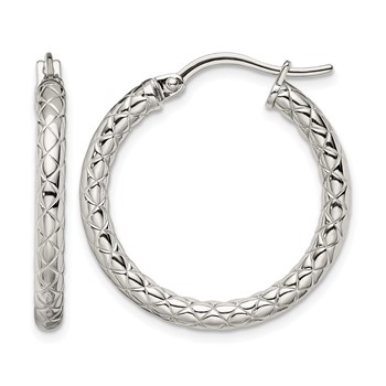 Chisel Stainless Steel Polished and Textured Hollow Hoop Earrings