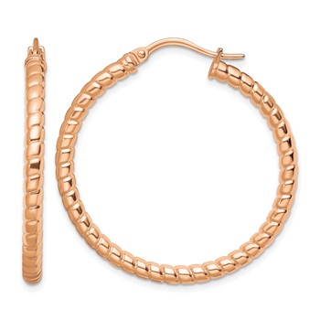 Chisel Stainless Steel Polished and Textured Rose IP-plated Hollow Hoop Earrings