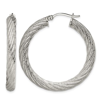 Chisel Stainless Steel Polished and Textured Hollow Hoop Earrings
