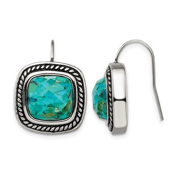Chisel Stainless Steel Antiqued and Polished Imitation Turquoise Shepherd Hook Earrings