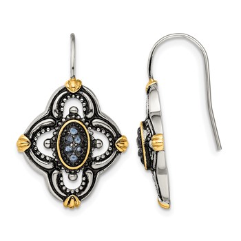 Chisel Stainless Steel Antiqued Polished and Textured Yellow IP-plated with Blue Glass Shepherd Hook Earrings