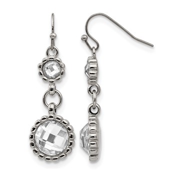 Stainless Steel Polished Grey Glass Dangle Shepherd Hook Earrings