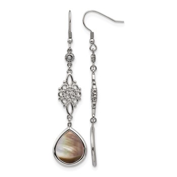 Chisel Stainless Steel Polished Black Mother of Pearl and CZ Dangle Shepherd Hook Earrings