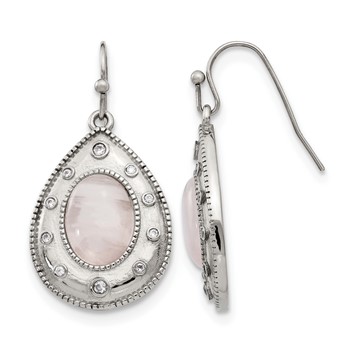 Stainless Steel Polished Rose Quartz and CZ Shepherd Hook Earrings