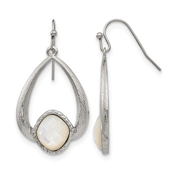 Chisel Stainless Steel Polished and Textured Mother of Pearl Dangle Shepherd Hook Earrings