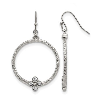 Stainless Steel Polished and Textured w/CZ Shepherd Hook Earrings