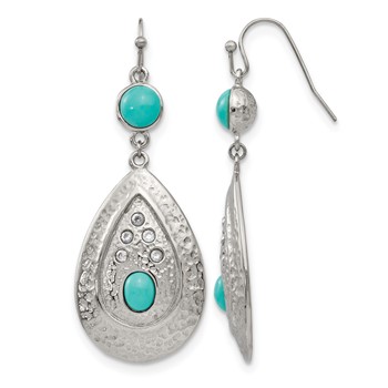 Chisel Stainless Steel Polished Hammered with Imitation Turquoise and CZ Dangle Shepherd Hook Earrings