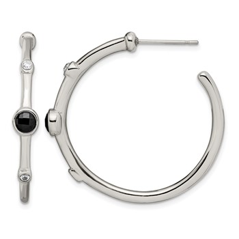 Chisel Stainless Steel Polished with Black Onyx and CZ Post Hoop Earrings