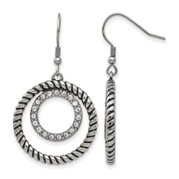 Stainless Steel Antiqued and Polished w/CZ Circle Dangle Earrings