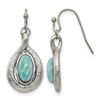 Stainless Steel Polished and Textured Dyed Synthetic Green Jade Earrings