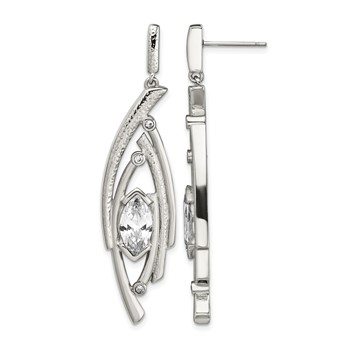 Stainless Steel Polished Textured Marquise Shape CZ Post Dangle Earrings
