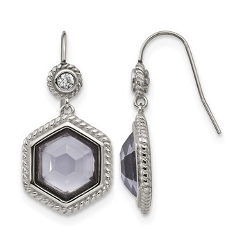 Chisel Stainless Steel Antiqued and Polished with Grey Glass and CZ Shepherd Hook Earrings