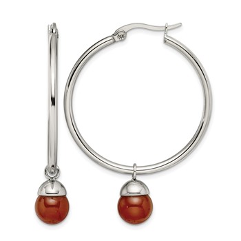 Chisel Stainless Steel Polished with Red Agate Dangle Hoop Earrings