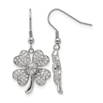 Chisel Stainless Steel Polished with CZ 4-Leaf Clover Dangle Shepherd Hook Earrings