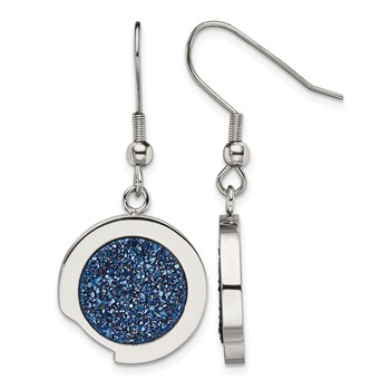 Stainless Steel Polished with Blue Druzy Dangle Shepherd Hook Earrings