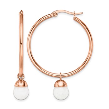 Chisel Stainless Steel Polished Rose IP-plated with White Jade Dangle Hoop Earrings