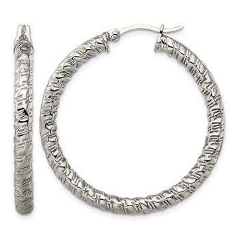 Chisel Stainless Steel Polished and Textured Hollow Hoop Earrings