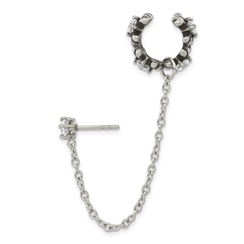 Stainless Steel Antiqued and Polished CZ Cuff Earring (Sold Single) — alternate view