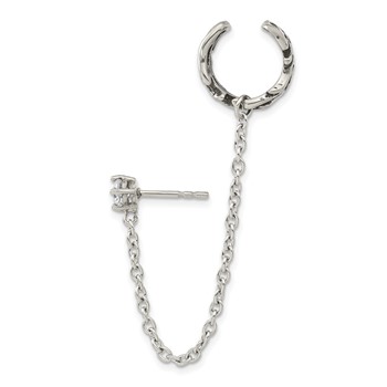 Stainless Steel Antiqued and Polished CZ Cuff Earring (Sold Single) — alternate view