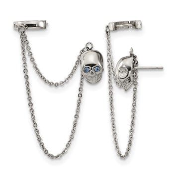 Stainless Steel Polished Earrings w/Hoop Chain Dangle & Blue CZ Post