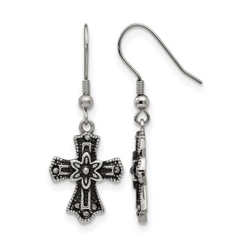 Stainless Steel Antiqued and Polished Black Crystal Cross Dangle Earrings
