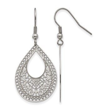 Chisel Stainless Steel Polished Textured Cut-out Design Dangle Shepherd Hook Earrings