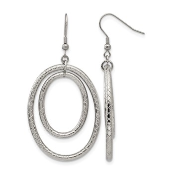 Stainless Steel Polished and Textured Double Oval Dangle Earrings