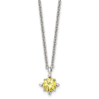 Stainless Steel Polished Yellow CZ 18in Necklace