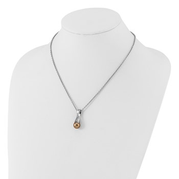 Stainless Steel Polished Champagne Simulated Pearl & CZ Pendant Necklace — alternate view