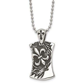 Chisel Stainless Steel Antiqued and Polished Fleur de lis Dog Tag on a 22 inch Ball Chain Necklace