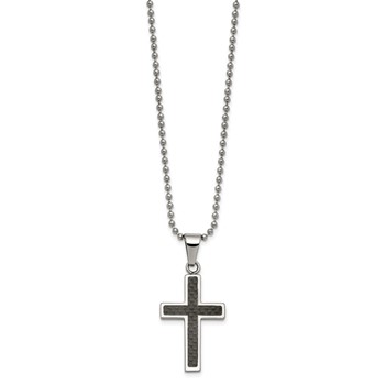 Chisel Stainless Steel Polished with Black Carbon Fiber Inlay Cross Pendant on a 22 inch Ball Chain Necklace — alternate view
