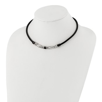 Stainless Steel Polished & Hematite Beads Leather Cord Necklace — alternate view