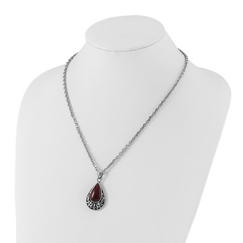 Stainless Steel Polished & Antiqued Purple Cat's Eye Teardrop Necklace — alternate view