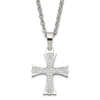 Stainless Steel Polished CZ Cross Necklace