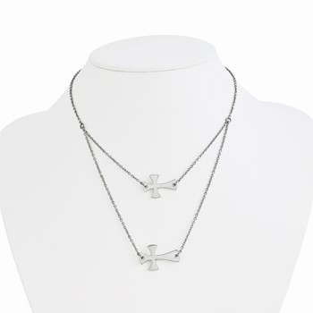 Stainless Steel Double Sideways Cross Layered Necklace — alternate view