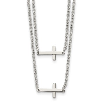 Chisel Stainless Steel Polished Double Sideways Crosses on Layered 16.5 inch Cable Chain Necklace