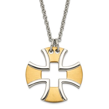 Stainless Steel & Yellow IP-plated Polished & Satin Cross Necklace