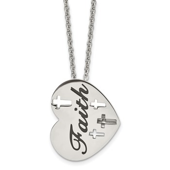 Chisel Stainless Steel Polished and Enameled FAITH Heart with Cross Cut out Pendnat on a 20 inch Cable Chain Necklace