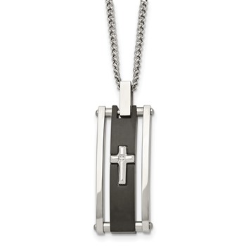 Chisel Stainless Steel Polished Black IP-plated with CZ Cross Pendant on a 22 inch Curb Chain Necklace
