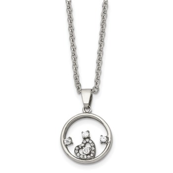 Chisel Stainless Steel Polished Circle with CZ and Heart Pendant on an 18 inch Cable Chain Necklace