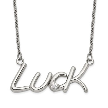 Stainless Steel Polished CZ with 2in ext. Luck Necklace