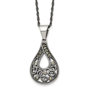 "Chisel Stainless Steel Antiqued, Polished and Textured Marcasite Teardrop Pendant on a 20 inch Singapore Chain Necklace"