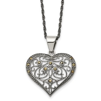 Chisel Stainless Steel Antiqued and Polished with Marcasite Heart Pendant on a 20 inch Singapore Chain Necklace