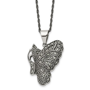 Chisel Stainless Steel Antiqued and Polished with Marcasite Butterfly Pendant on a 20 inch Singapore Chain Necklace