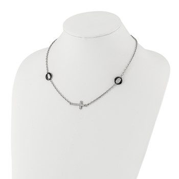 Stainless Steel & Black Ceramic Polished Sideways CZ Cross Necklace — alternate view